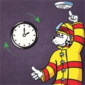 Illustration of Sparky the Fire Dog pointing to a smoke alarm next to a clock with arrows indicating time change