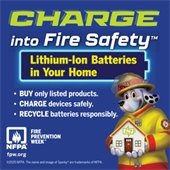 charge into fire safety promotional graphic with firefighter dog character 