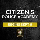 black graphic promoting lombard citizens police academy with lombard police logo and start date of Sept. 9th