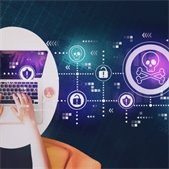 Graphic illustrating online scams and cybersecurity threats with icons for alerts and locks