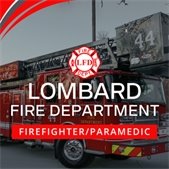 photo of red fire ladder truck parked outside and overlay text with lombard fire department logo