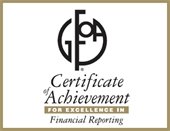 GFOA logo and overlay text with Certificate of Achievement for Excellence in Financial Reporting