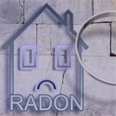 Illustration of a cracked house labeled “Radon,” with a magnifying glass highlighting the issue