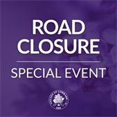 purple graphic with lilacs in background and overlay text announcing road closure for special event