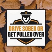 Drive Sober or Get Pulled Over graphic with a police badge icon on a background of autumn leaves
