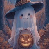 A cute cartoon ghost wearing a witch hat holds a glowing jack-o’-lantern candy bucket while standing in a forest with autumn leaves.