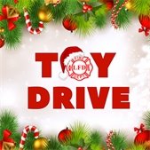 Toy Drive graphic with holiday decorations and the Lombard Fire Department logo wearing a Santa hat