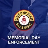 graphic with person buckling up and memorial day click it or ticket text with logo