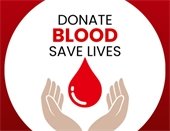 red graphic with text stating donate blood save lives with hands graphic holding illustrative blood drop