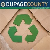 DuPage County Environmental Division graphic with a green recycling symbol on cardboard
