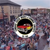 Crowd gathered in downtown Lombard for Cruise Nights and Summer Concerts with event logo overlay.