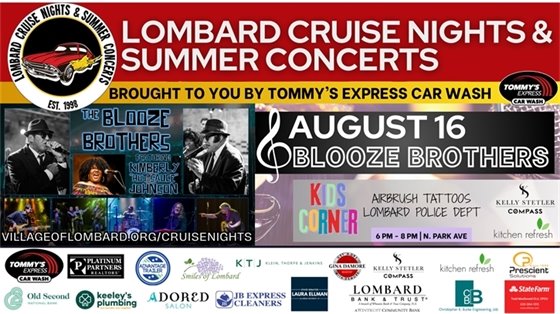 cruise nights and summer concerts promotional graphic with text and photo of Blooze Brothers band members
