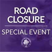 purple graphic with text displaying road closure and village logo