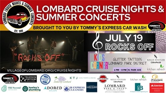 cruise nights and summer concerts promotional graphic with text and photo of Rocks Off band members