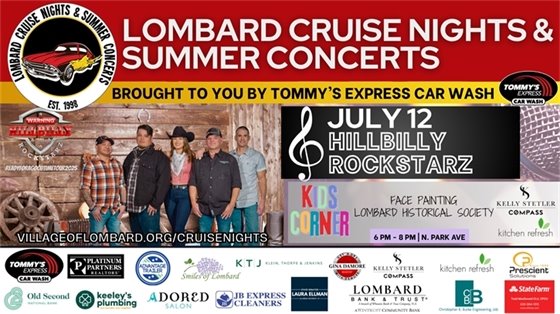 cruise nights and summer concerts promotional graphic with text and photo of Hillbilly Rockstarz band members