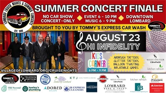 cruise nights and summer concerts promotional graphic with text and photo of Hi Infidelity band members