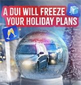 Graphic warning that a DUI can freeze holiday plans, showing police car stopping a vehicle in a snowy snow globe.