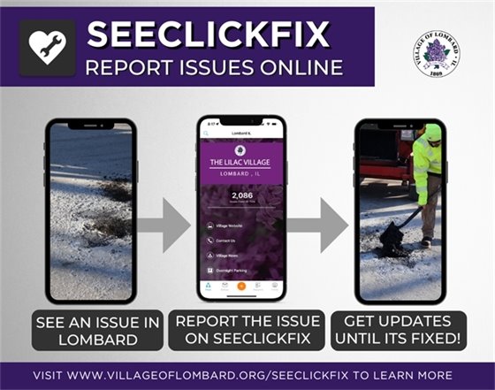 see click fix promotional graphic showing pothole reported and being fixed
