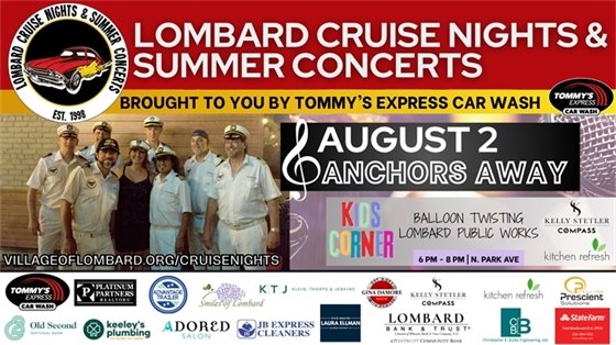 cruise nights and summer concerts promotional graphic with text and photo of Anchors Away band members