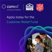 comed purple graphic with logos and couple looking at tablet together