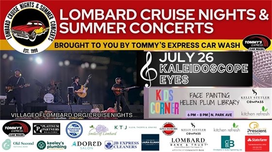 cruise nights and summer concerts promotional graphic with text and photo of Kaleidoscope Eyes band membersband members