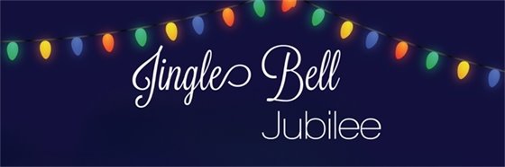 Jingle Bell Jubilee graphic with colorful holiday string lights on a dark blue background.