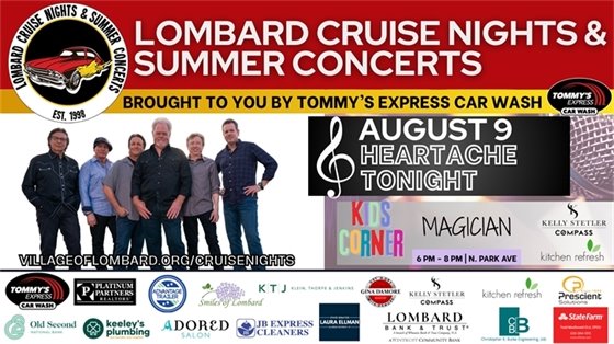 cruise nights and summer concerts promotional graphic with text and photo of Heartache Tonight band members