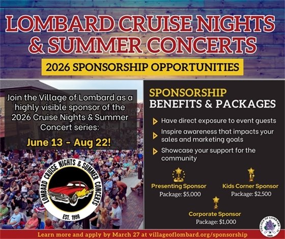 Promotional graphic for Lombard Cruise Nights and Summer Concerts 2026 sponsorship opportunities with event dates, sponsor packages, and benefits.