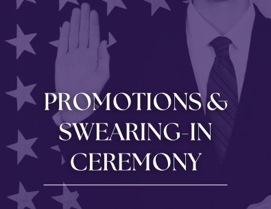 photo of man raising right hand in background with purple overlay and text