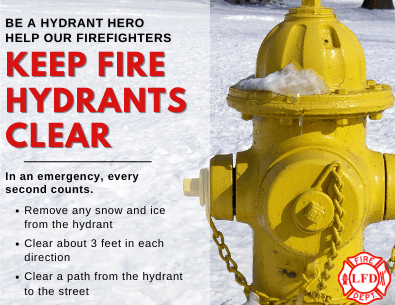yellow hydrant in snow with text advising to keep fire hydrants clear of snow to help firefighters