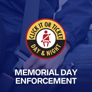 photo of person buckling themselves with blue overlay and click it or ticket logo