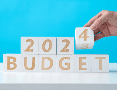 wooden letter and number blocks depicting 2023 budget 
