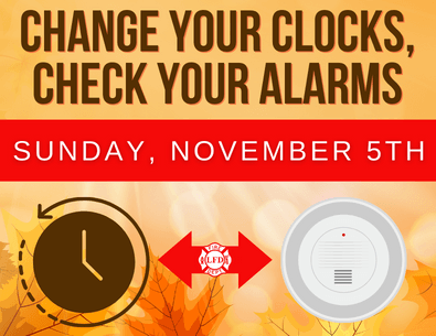 Change Clocks and Alarms graphic with fall colors and clock and smoke alarm graphics