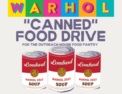 Warhol on top of graphic in pop art style and three Lombard Campbell soup cans 