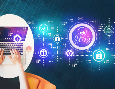 laptop with hands typing and alert symbols in background