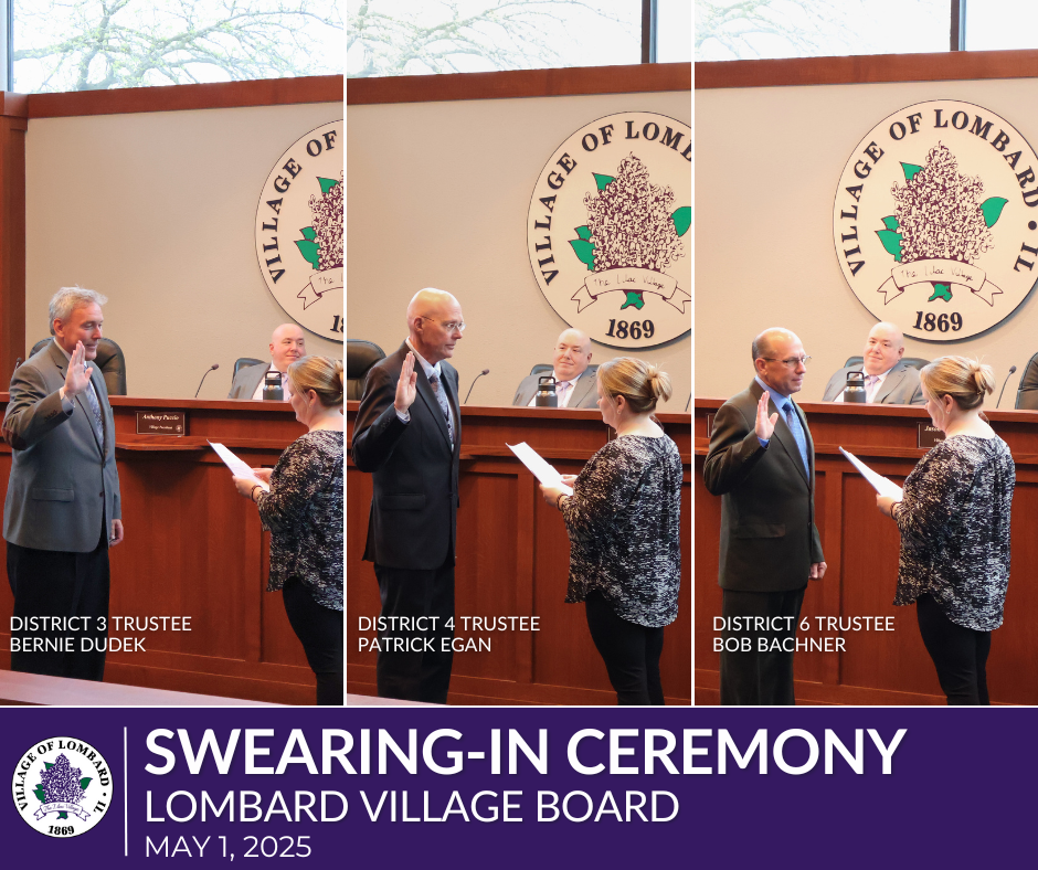 photo collage of swearing in for village trustees dudek, egan and bachner
