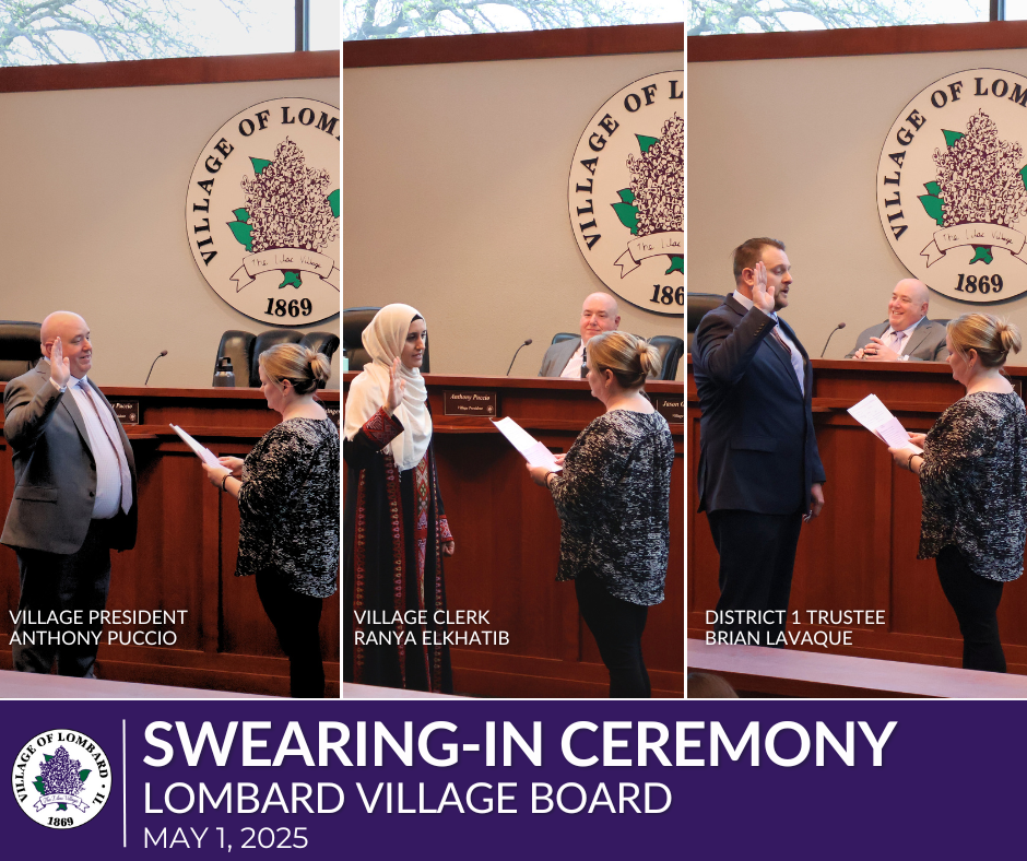 photo collage of swearing in for village president puccio; clerk elkhatib; and trustee lavaque