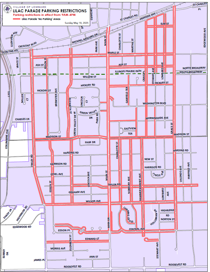 map depicting Lilac Parade Parking Restrictions