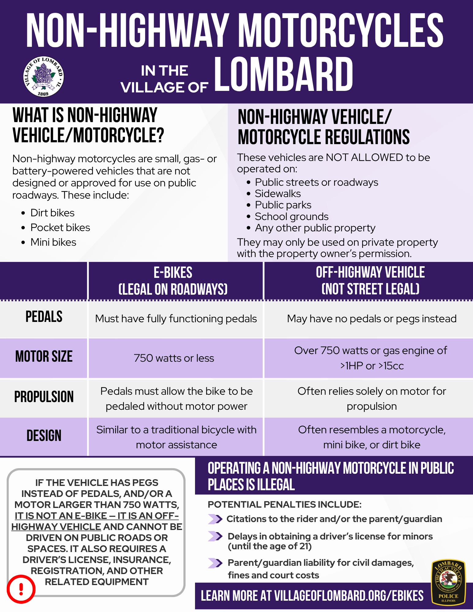 image of non highway motorcycle informational handout with all information on this webpage