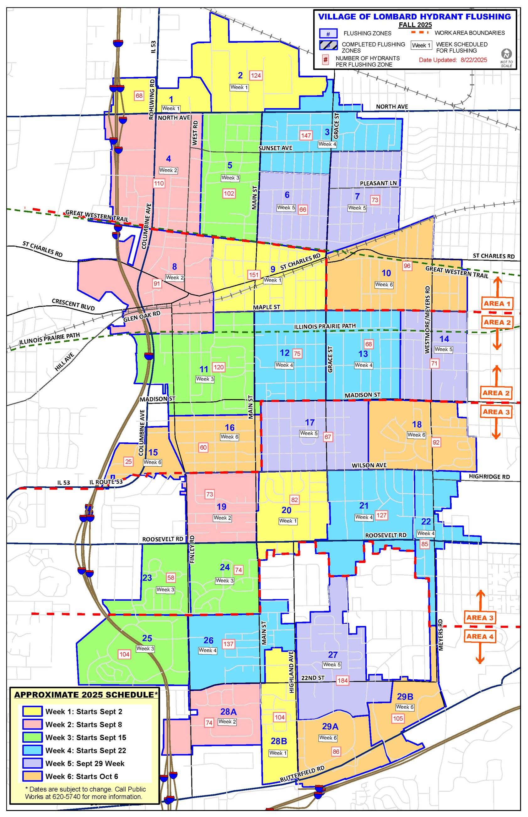 Hydrant Flushing Progress Map aerial view with color coding