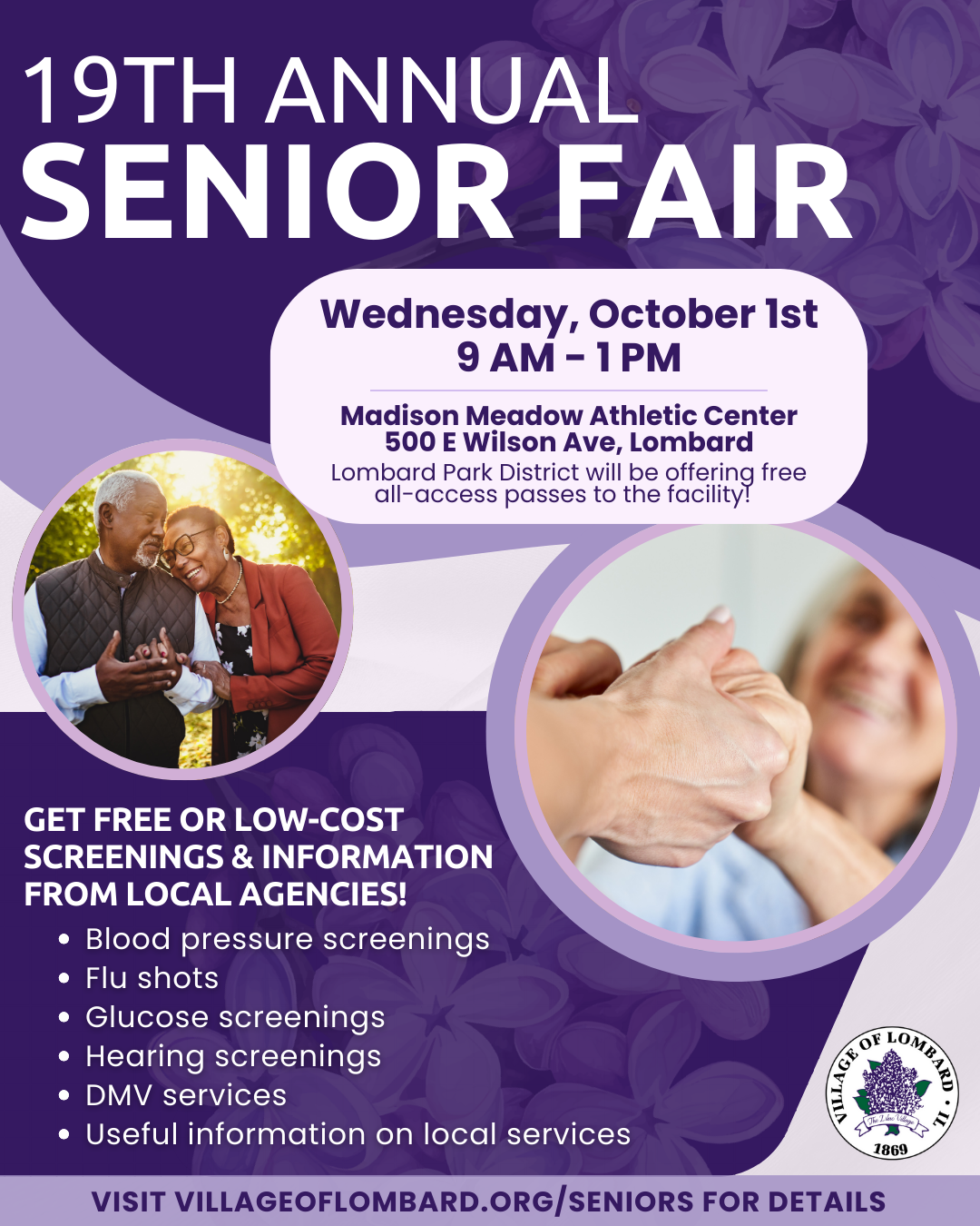 Senior fair promotional flyer with event details and two photos of seniors together