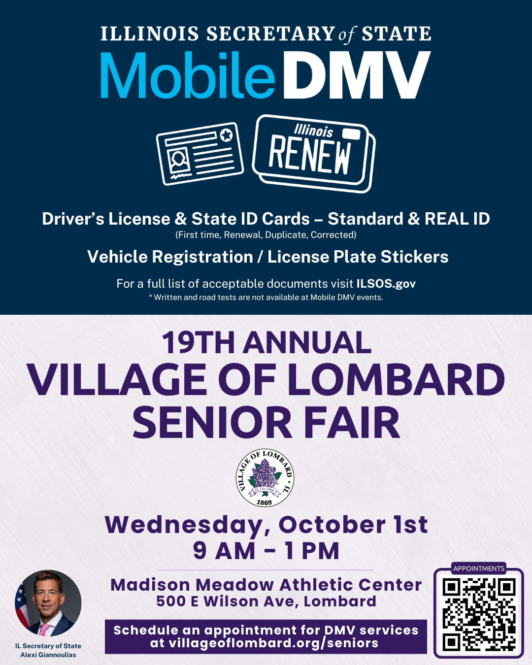 DMV services at Senior Fair promotional flyer with event details and link to schedule an appointment
