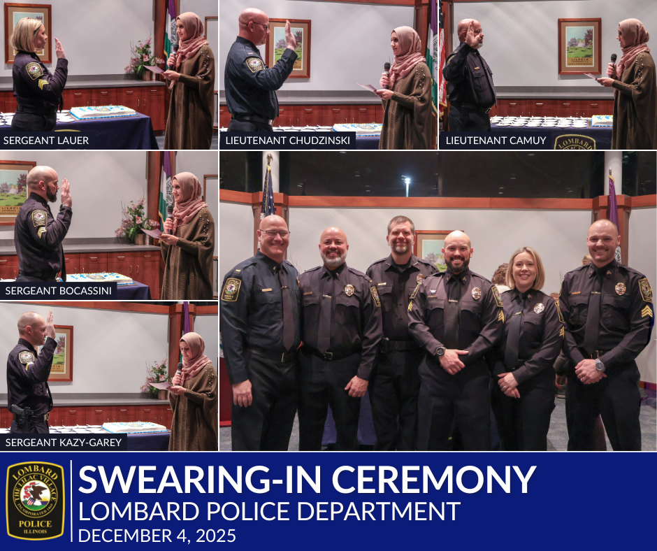 Collage of Lombard Police officers being sworn in, with a group photo from the Dec. 4, 2025 ceremony