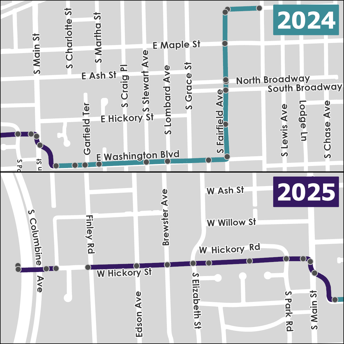 Map showing sewer rehabilitation routes completed in 2024 and 2025