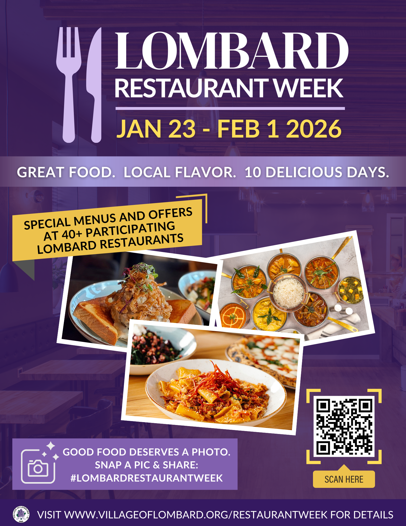 Flyer or Lombard Restaurant Week, January 23–February 1, 2026, featuring food photos & event details