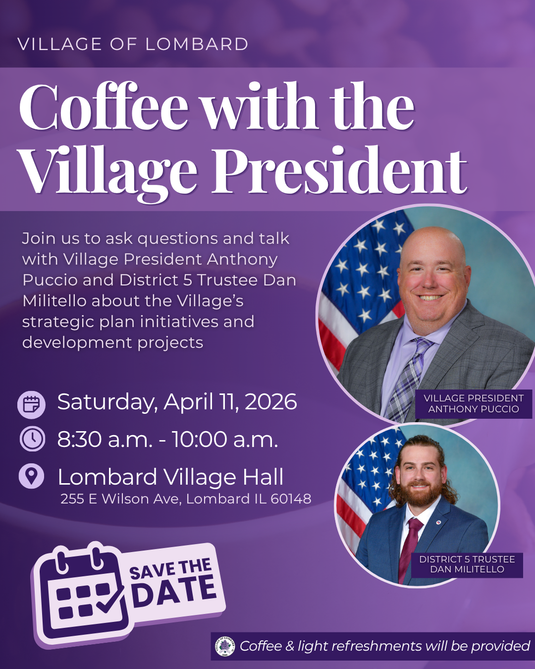 Graphic for Coffee with the Village President on April 11 featuring Anthony Puccio & Dan Militello