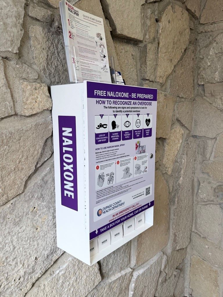 Naloxone (Narcan) distribution box outside fire department building