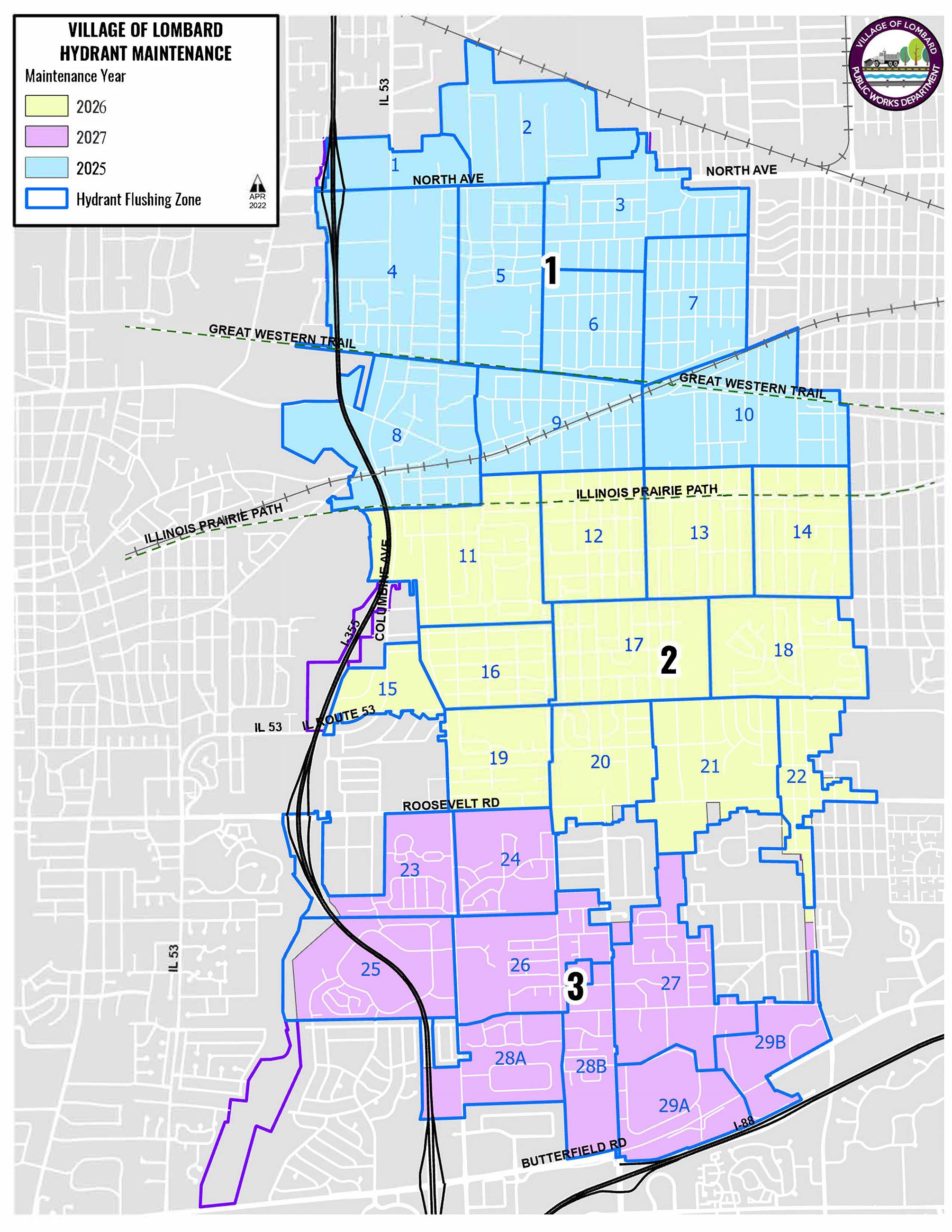 Map of Lombard showing hydrant maintenance zones for 2025, 2026, and 2027, divided into sections.