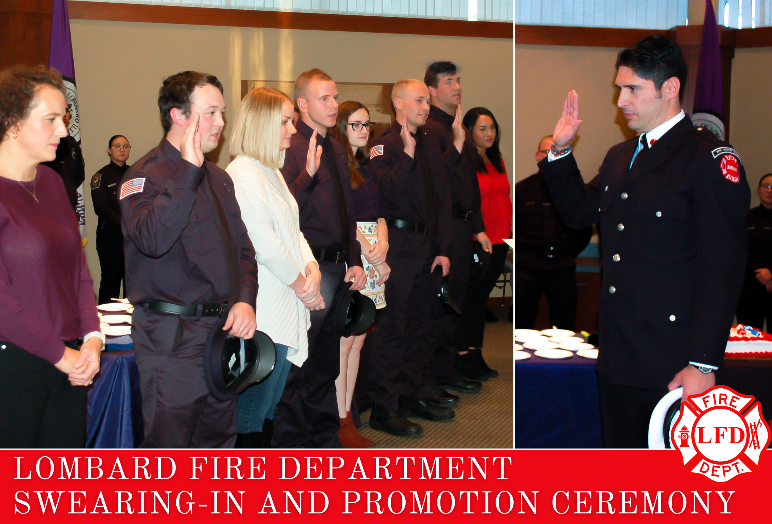 Firefighters with right hand raised as they take an oath