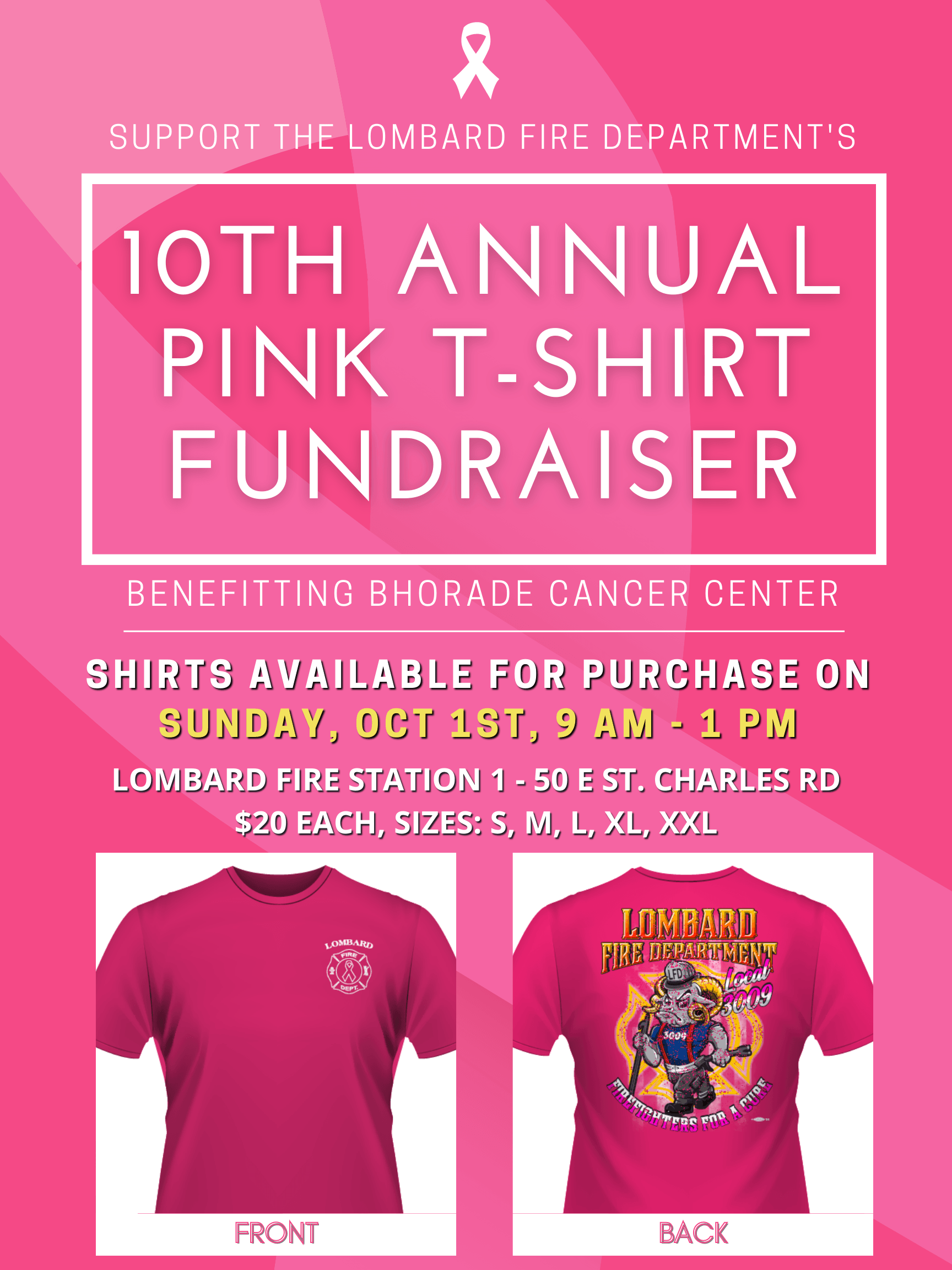 Fire Department Pink T Shirt flyer with event details and actual photo of front and back of shirt